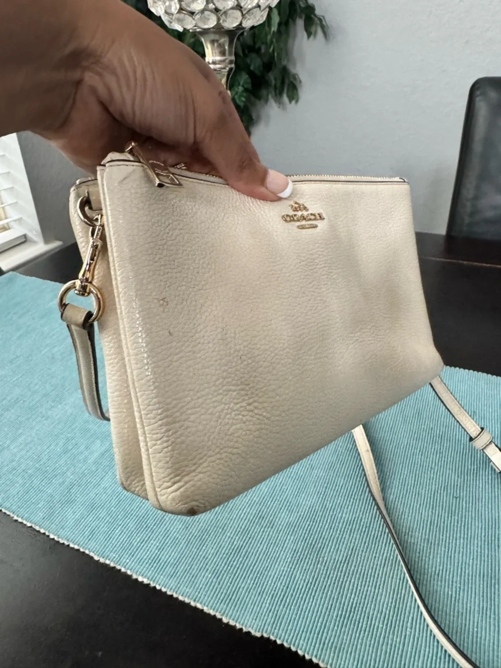 Coach Cream Pebbled Leather Double Zip Crossbody
